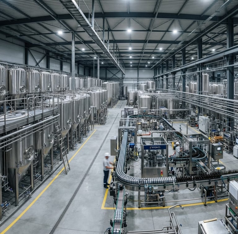 Wide panoramic shot of pristine stainless steel vats and automated packaging lines under bright, even industrial facility lighting, cool metallic tones, expansive scale.