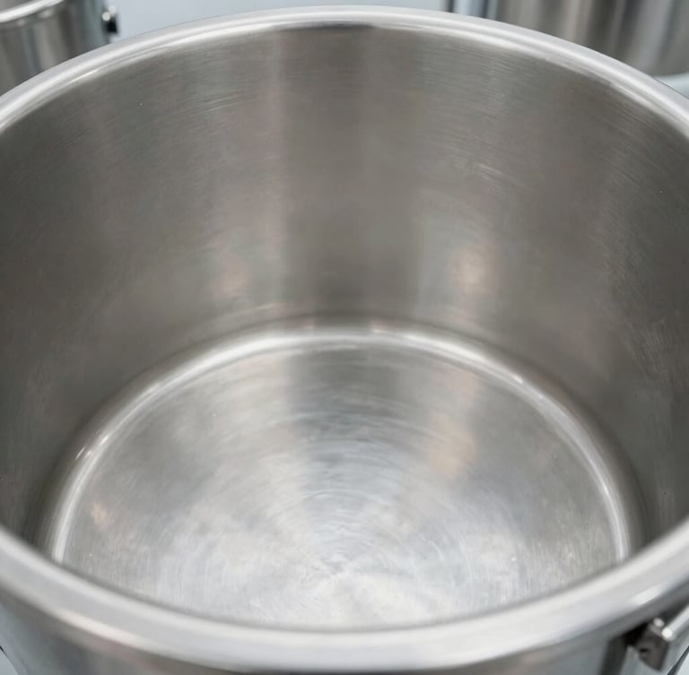 Macro shot of a pristine stainless steel vat interior, bright clean-room lighting, crisp industrial photography, cool metallic tones.