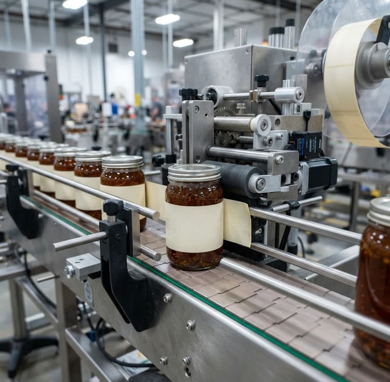 Macro shot of a high-speed automated labeling machine applying labels to glass jars on a stainless steel conveyor belt, crisp facility lighting, cool metallic tones.