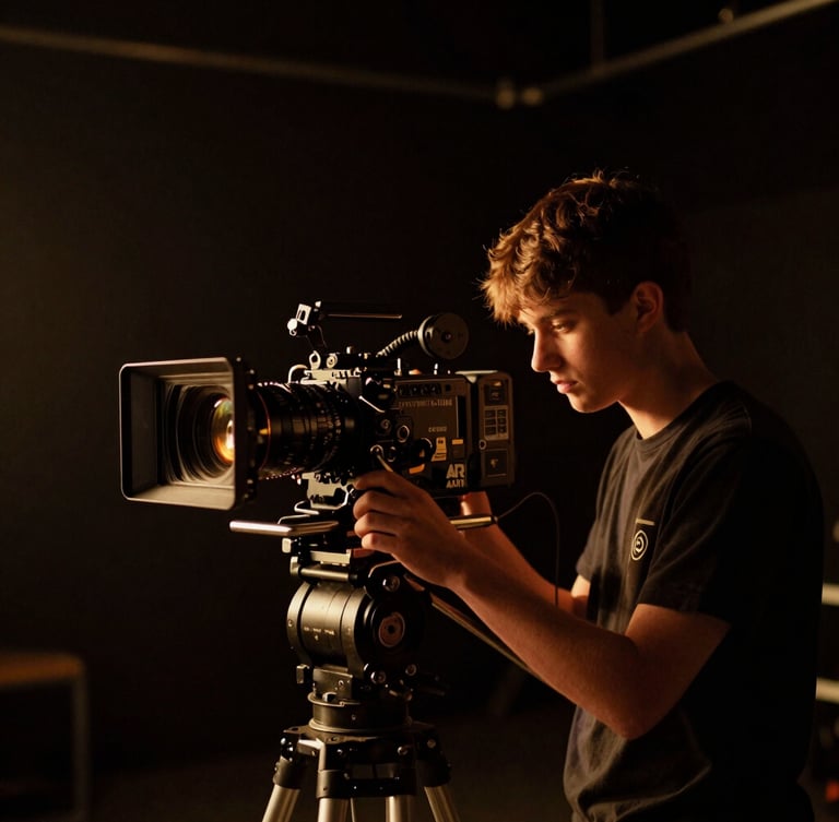 Cinematic film photography of a student operating an Arri Alexa camera on a dark soundstage, dramatic low-key lighting, gold rim highlights, 35mm anamorphic
