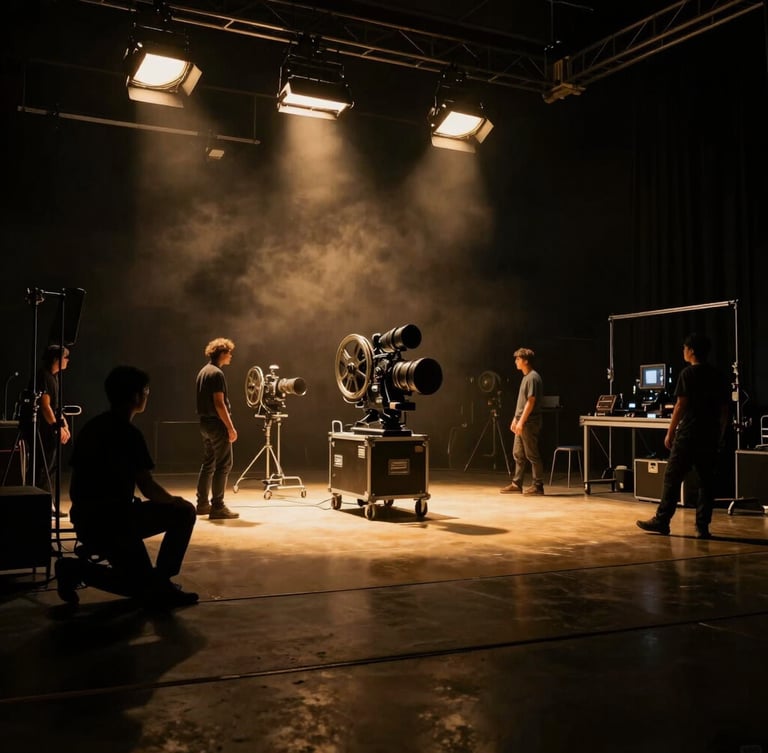 Dramatic low-key cinematic wide shot of a dark film studio soundstage with overhead lights, gold haze, crew members moving equipment, 35mm anamorphic