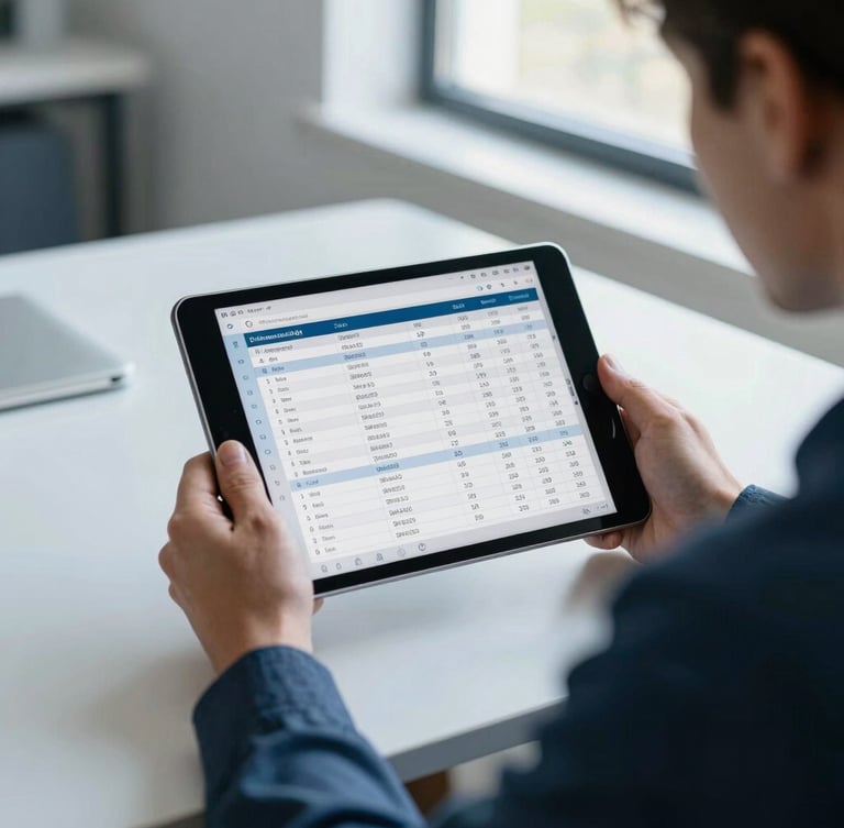 Over-the-shoulder medium shot of a church administrator using a modern tablet interface showing attendance charts, bright natural daylight through a window, clean organized desk, cool blue tint