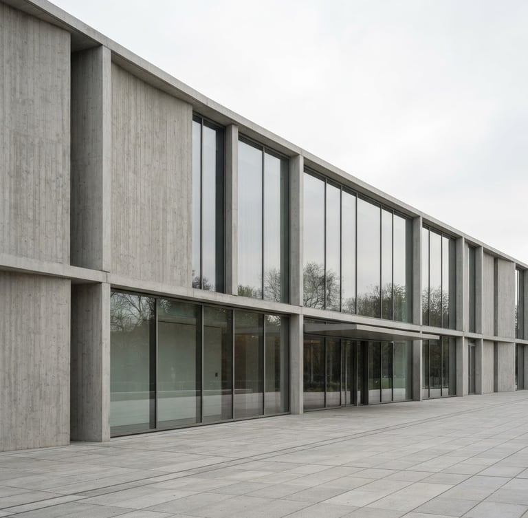 Wide architectural shot of a modern building facade with clean lines, concrete and glass, soft overcast daylight, sharp focus, minimalist composition.