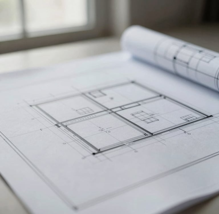 Close-up of a blueprint with architectural lines and details, soft natural light from a window, desaturated tones, sharp focus.