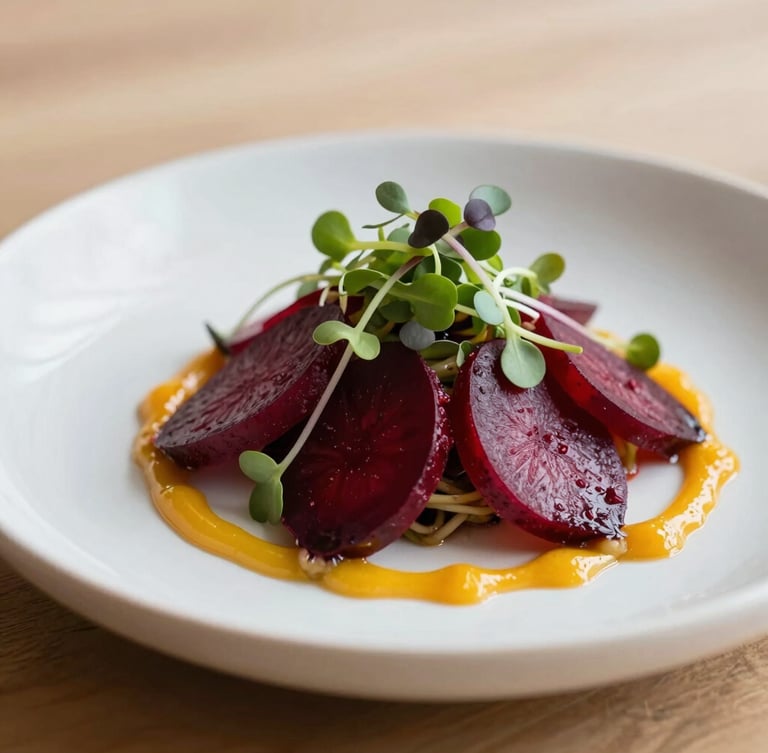 Macro shot of a meticulously plated heirloom beet salad with microgreens and citrus reduction, soft natural side daylight, shallow depth of field, 35mm