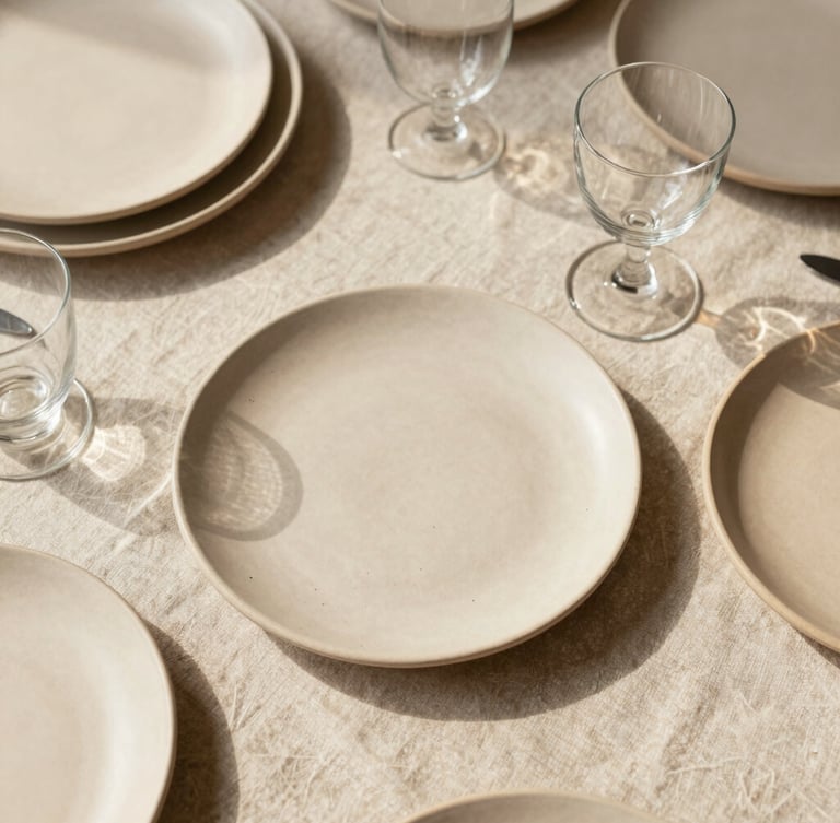 Overhead flat-lay of a curated tablescape with natural linen, hand-thrown ceramic plates, and delicate glassware bathed in soft afternoon daylight, warm wheat beige tones