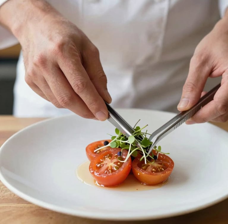 Close-up of a chef's hands placing micro-greens on a beautifully plated heirloom tomato dish with tweezers, soft natural side-light, warm caramel tones, shallow depth of field