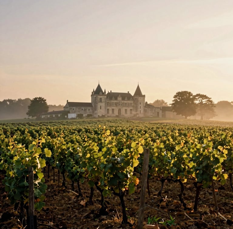 Misty morning vineyard landscape in Bordeaux, historic stone estate visible in the distance, warm editorial photography, cinematic 35mm film