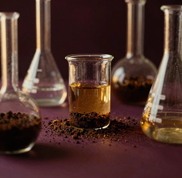 Abstract representation of soil chemistry, warm golden light reflecting on glass laboratory instruments containing earth samples, dark elegant background