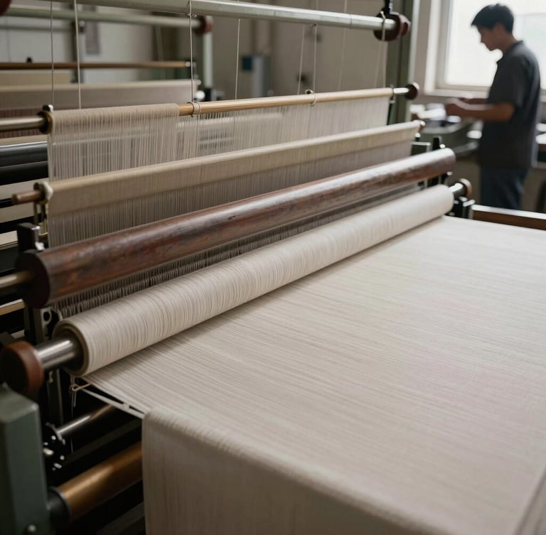 Wide shot of industrial textile looms in motion, high-contrast side-lighting, emphasizing the intricate machinery and raw fabric rolls, with a technician observing from a distance.