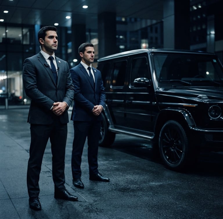 Professional security personnel in sharp corporate attire, standing alert, with a sleek, unmarked black executive SUV in the background, low-key dramatic lighting, cool tones, 35mm.