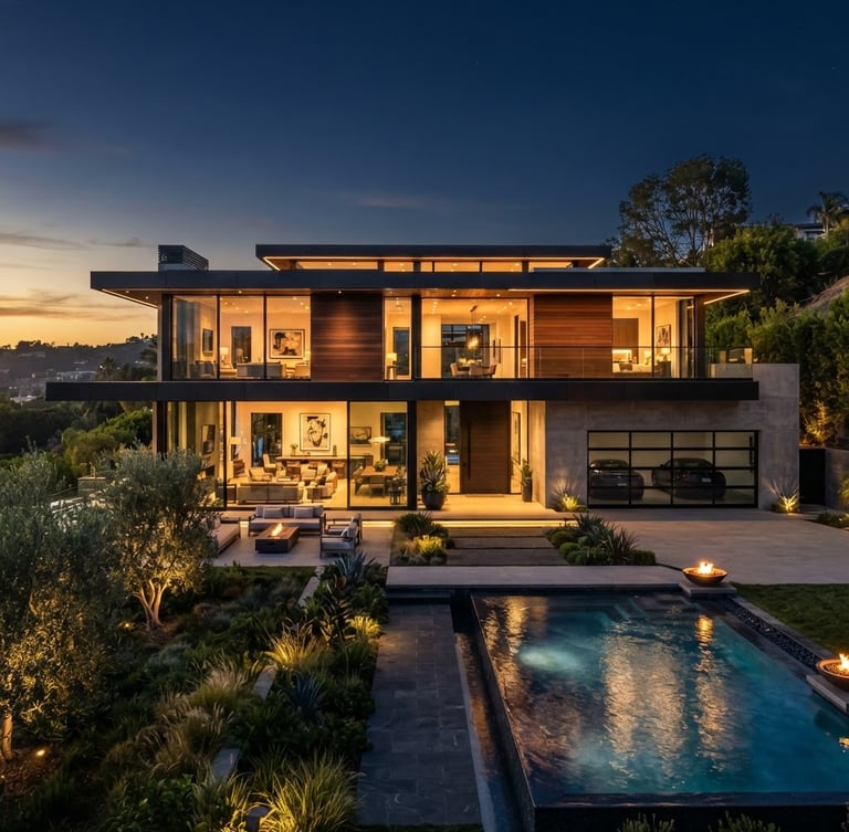 Wide shot of a modern luxury home exterior at dusk, warm interior lights, architectural lines, no people, deep navy sky, golden hour