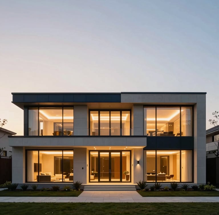 Straight-on architectural elevation of a modern luxury estate at dusk, warm interior lights glowing through expansive glass walls, clean lines, minimalist landscaping, 35mm photography