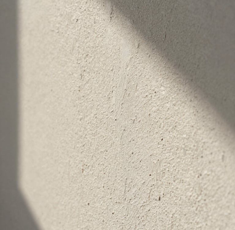 Macro close-up of a warm chalky white lime wash plaster wall, catching soft morning sunlight with delicate natural shadows, highly detailed mineral texture.