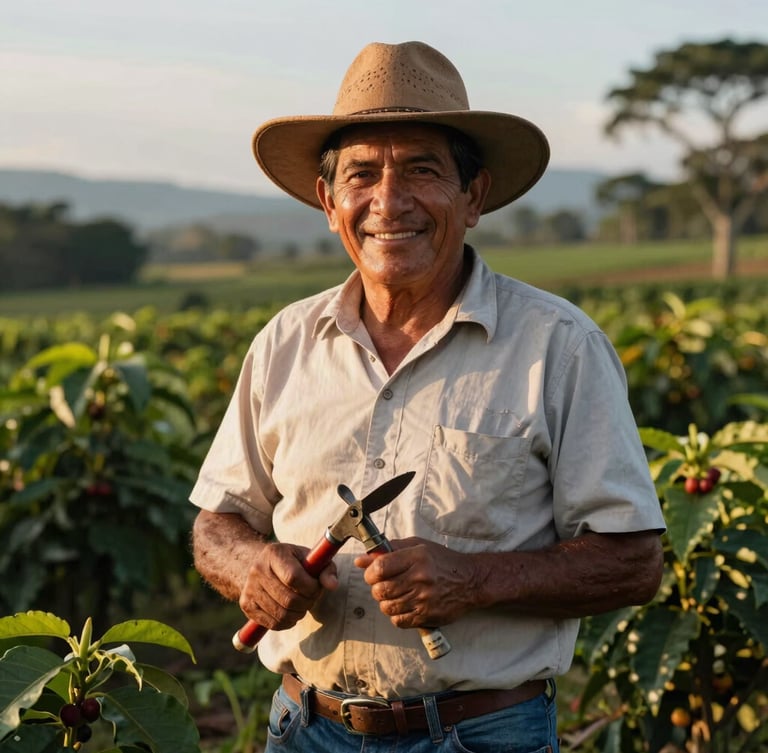 Plano medio de un caficultor local sonriente en su finca en Colombia, sosteniendo herramientas de trabajo bajo una luz natural cálida de la tarde.