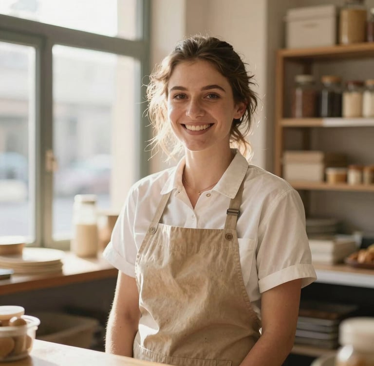 Portrait of a local baker smiling in her shop, warm morning light, natural framing