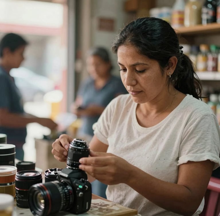 Primer plano de manos de una mujer comerciante local organizando su negocio bajo luz natural cálida, transmitiendo cercanía y honestidad.