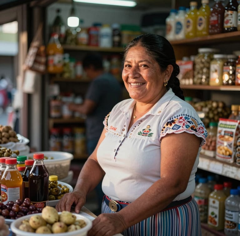 Plano medio de una comerciante local sonriendo en su tienda de abarrotes, iluminada por luz natural de la tarde, ambiente cálido y comunitario.