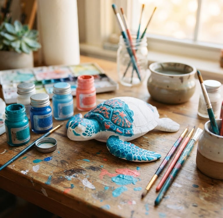 A bright, sunny artist studio table with paintbrushes, small paint jars in shades of ocean blue and coral, and a partially painted 3D-printed sea turtle figurine, warm morning light