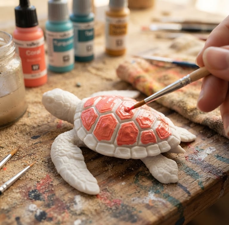 Close-up of a fine paintbrush applying vibrant coral paint to a 3D printed sea turtle figurine, warm morning sunlight, shallow depth of field, 50mm lens, sandy workshop background