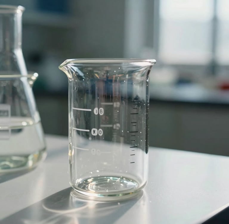 Macro shot of clean laboratory glassware with natural sunlight reflections, pure clinical aesthetic.