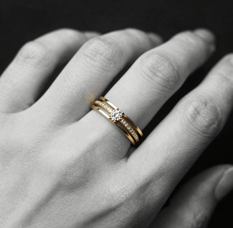 Macro close-up portrait of a hand wearing multiple delicate gold bands and a micro-pave diamond ring, crisp studio lighting, high-contrast