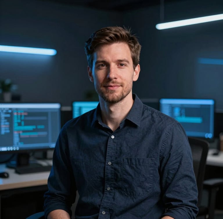Professional and approachable portrait of a male IT consultant in a modern, dark workspace, soft blue accent lighting, looking directly at the camera, sharp focus, 35mm