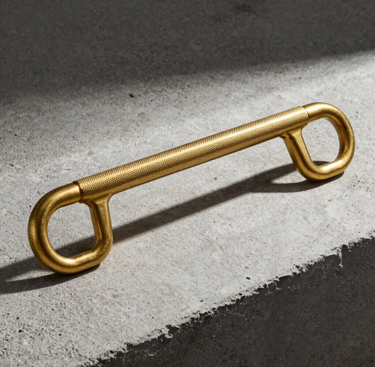 Stark industrial product photography of a heavy knurled brass pull bar resting on raw gray concrete, high-contrast side-lighting, sharp focus, 50mm lens