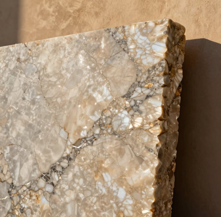Dramatic architectural close-up of a premium honed Sinai pearl marble slab leaning against a warm sand-colored wall, high-contrast side-lighting highlighting the intricate natural veining, 35mm photography