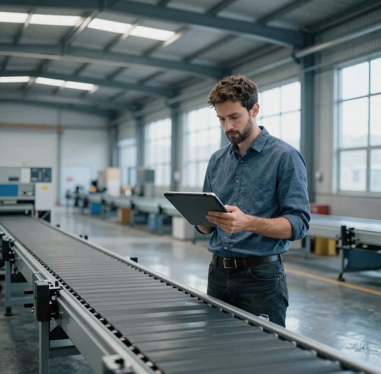 Industrial editorial photography, cool natural warehouse light, desaturated blue tones, a software engineer with a rugged tablet standing next to a conveyor belt system in a modern logistics center, sharp focus, 35mm lens.