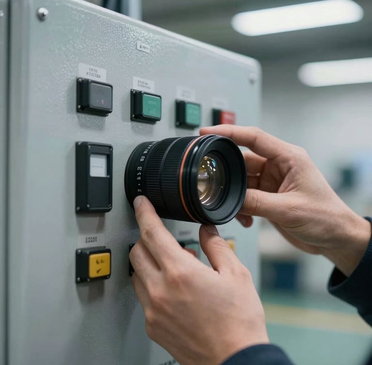 Close-up macro shot of hands interacting with a ruggedized industrial control panel, natural fluorescent warehouse lighting, sharp focus, 35mm lens, slate gray tones.
