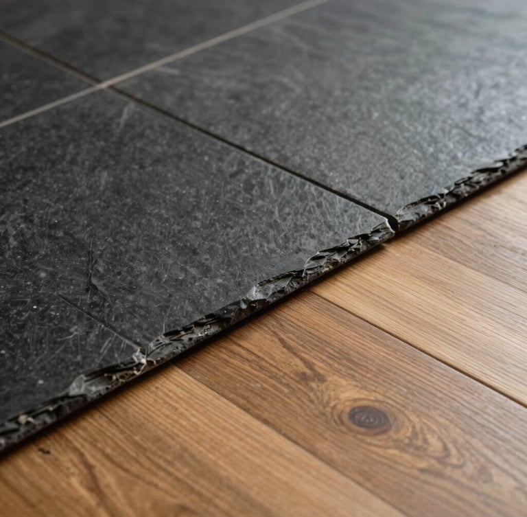 Close-up detail shot of a zero-threshold transition where dark slate tile meets warm engineered oak flooring, natural low-angle side-lighting emphasizing the tactile relief and seamless alignment.