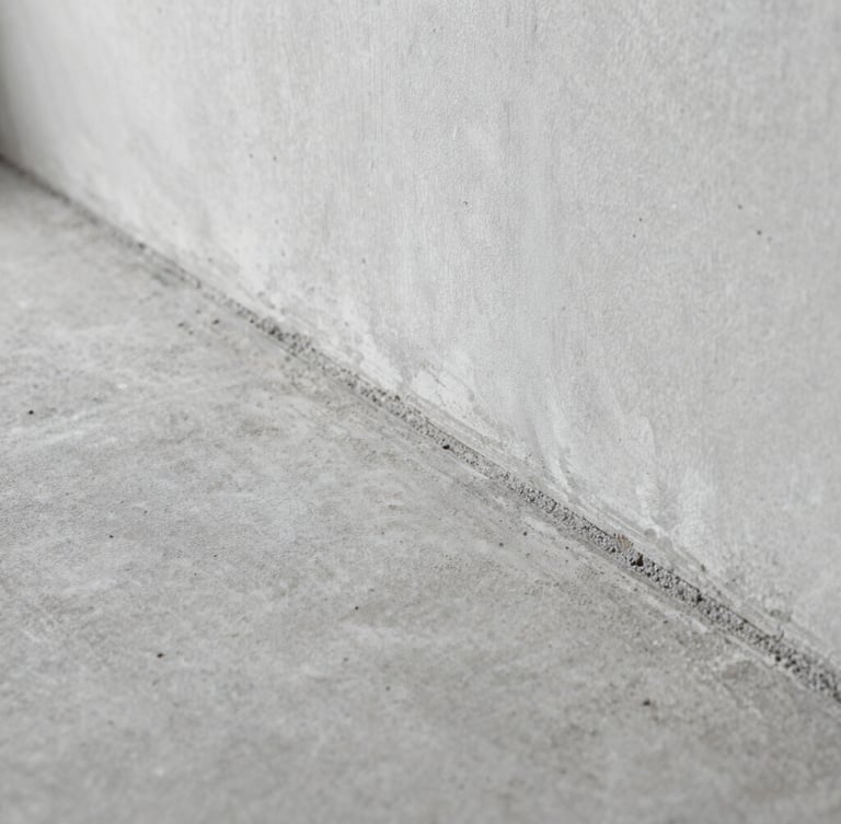 Macro side-lit architectural photograph showing a perfectly level concrete subfloor meeting a clean wall plate, highlighting the smooth leveled surface texture