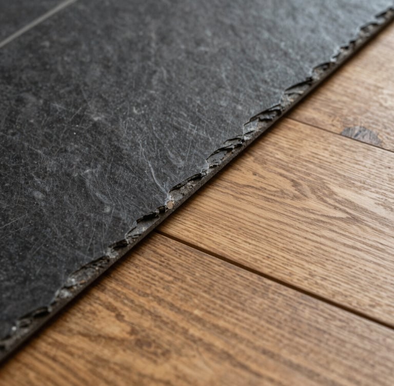 Macro detail shot of a zero-threshold transition where dark slate tile meets warm engineered oak flooring, perfectly level, natural side-light highlighting the wood grain and stone texture.