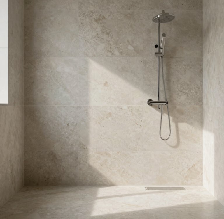 Straight-on architectural elevation of a minimalist bathroom featuring large-format travertine tiles with flawless zero-threshold transitions, soft natural side-light.