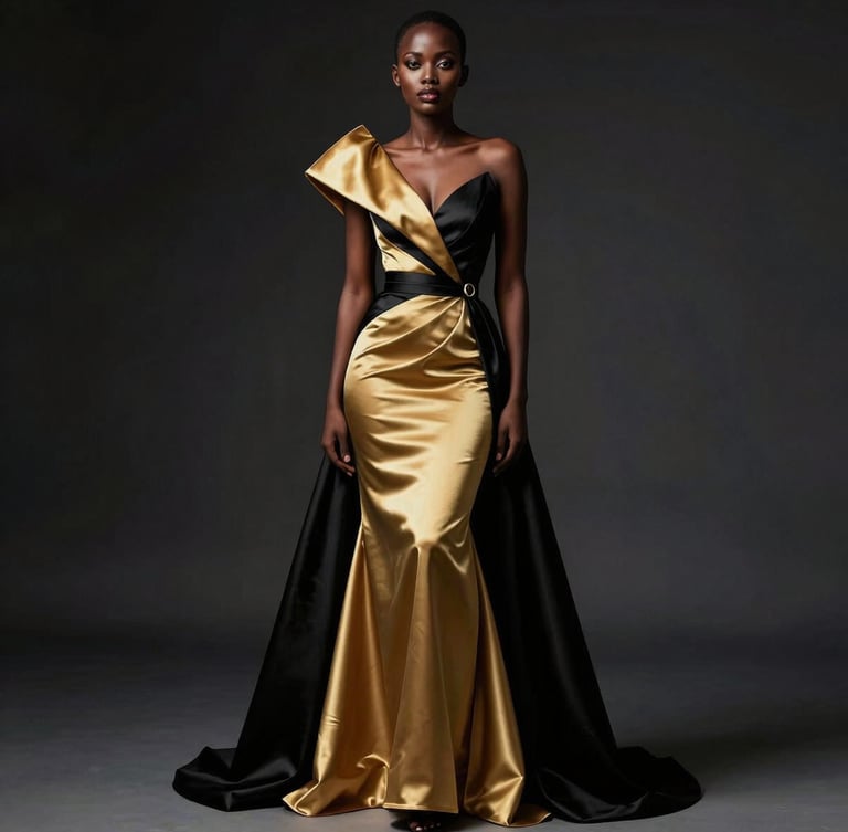 editorial fashion photography, portrait of a Rwandan woman in a structured gold and black silk gown, dramatic high-contrast studio lighting, sharp focus, 35mm