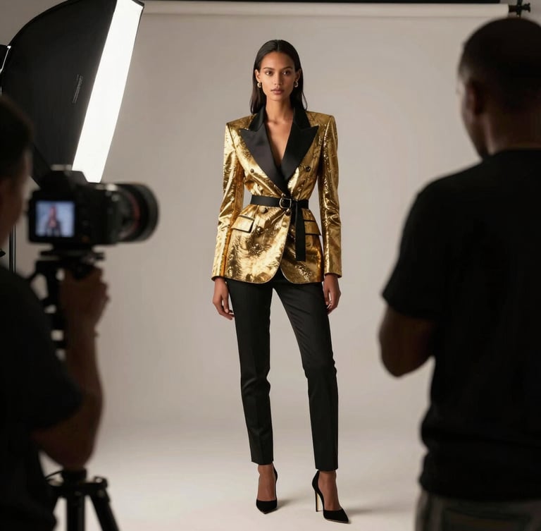 editorial fashion photography, behind the scenes of a high-fashion photoshoot in Kigali, studio lighting, camera equipment visible, luxurious black and gold tones, 35mm