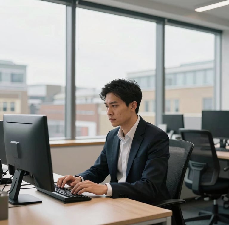 A clean, bright modern corporate office in London, natural overcast daylight through large windows, a professional sitting at a desk typing on a keyboard, soft focus background, documentary editorial style.
