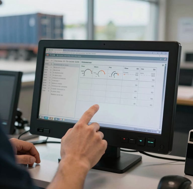 Close-up of a transport manager's hands reviewing digital tachograph data on a screen in a modern logistics office, natural daylight, sharp focus