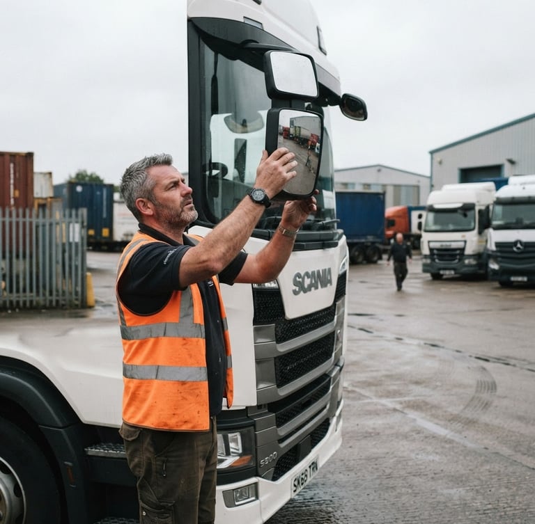A professional HGV driver in a high-visibility vest adjusting the side mirror of a modern truck cab, natural overcast daylight, documentary style, authentic workplace setting