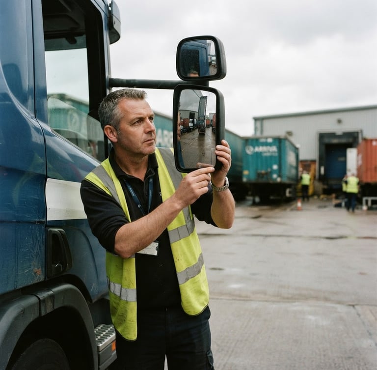 A close-up of a professional HGV driver in a high-visibility vest checking his side mirror, natural overcast daylight, sharp focus, authentic UK logistics yard setting.