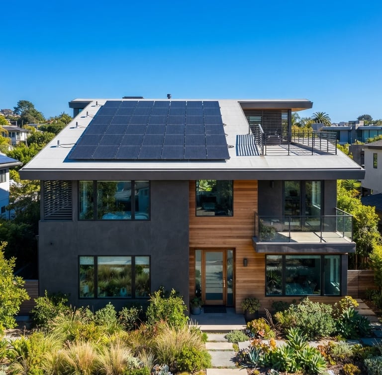 Crisp architectural photography of a modern residential home with high-efficiency monocrystalline solar panels on a flat roof, bright direct sunlight, sharp shadows, clear blue sky, 35mm lens