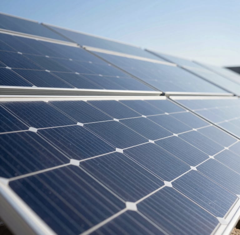 Close-up detail of a premium monocrystalline solar panel cell structure under bright direct sunlight, crisp lines, geometric technical pattern.