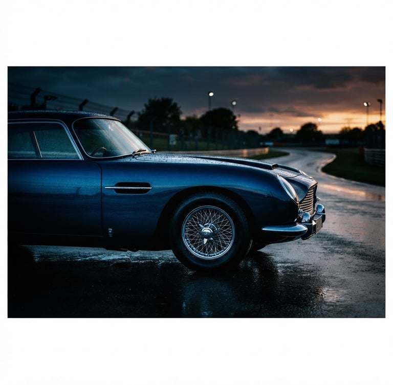 Perfil de un deportivo clásico de lujo en color oscuro, con la carrocería brillante bajo luz lateral dramática, estacionado en una pista de asfalto mojado al atardecer, sangrando hacia el borde izquierdo del lienzo. Estilo cinematográfico, alto contraste, lente de formato medio.