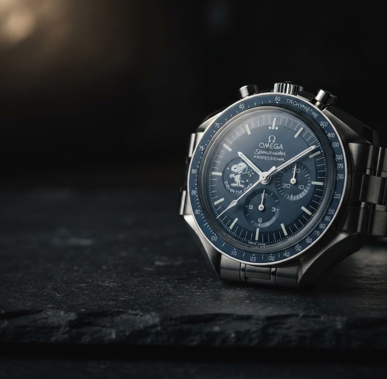Cinematic shot of a high-end luxury watch on a dark, textured surface, with dramatic low-key lighting emphasizing reflections and intricate details, generous negative space to the left, editorial style.