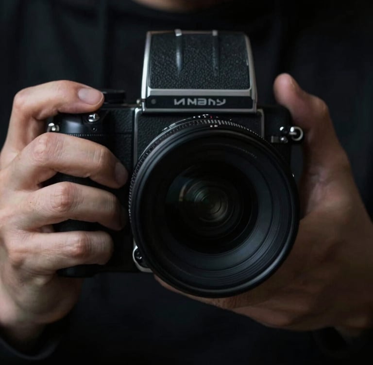 Photographer's hands adjusting a medium-format camera lens, extreme close-up, high-contrast studio lighting, sharp focus on the tactile details of the lens and fingers, deep blacks, cool grays.
