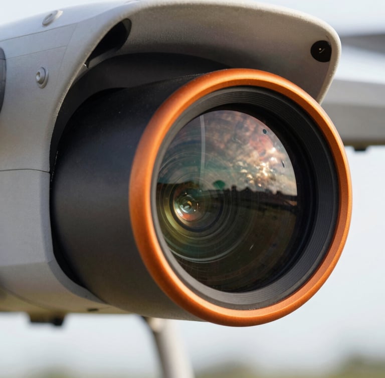 Close-up of a drone thermal sensor lens, high-contrast technical detail, metallic orange accents, reflections of a grid pattern on the glass, cool-toned lighting.