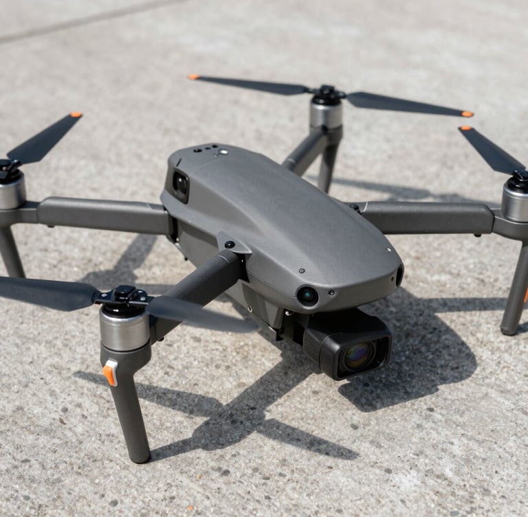 A rugged industrial enterprise drone sitting on a concrete pad, close-up on the thermal sensor payload, high-contrast daylight, technical slate tones.