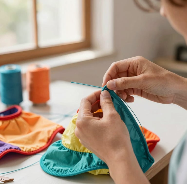 Close-up of artisan hands carefully stitching colorful pet clothing with teal thread in a warm, bright workshop in Celaya, soft natural window light