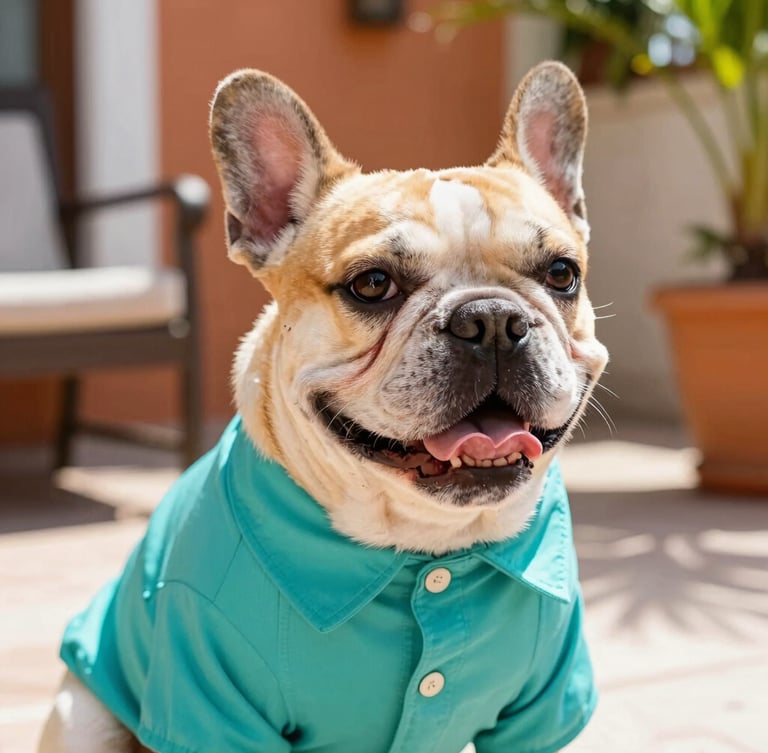 Close-up eye-level shot of a happy French Bulldog wearing a vibrant teal custom-tailored shirt, sitting comfortably in a sunlit Mexican patio, warm natural daylight